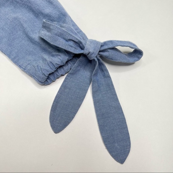 Rungolee Blue Jean Chambray Split Neck Bow Sleeve Casual Boho Hippie Top Shirt - Picture 7 of 13